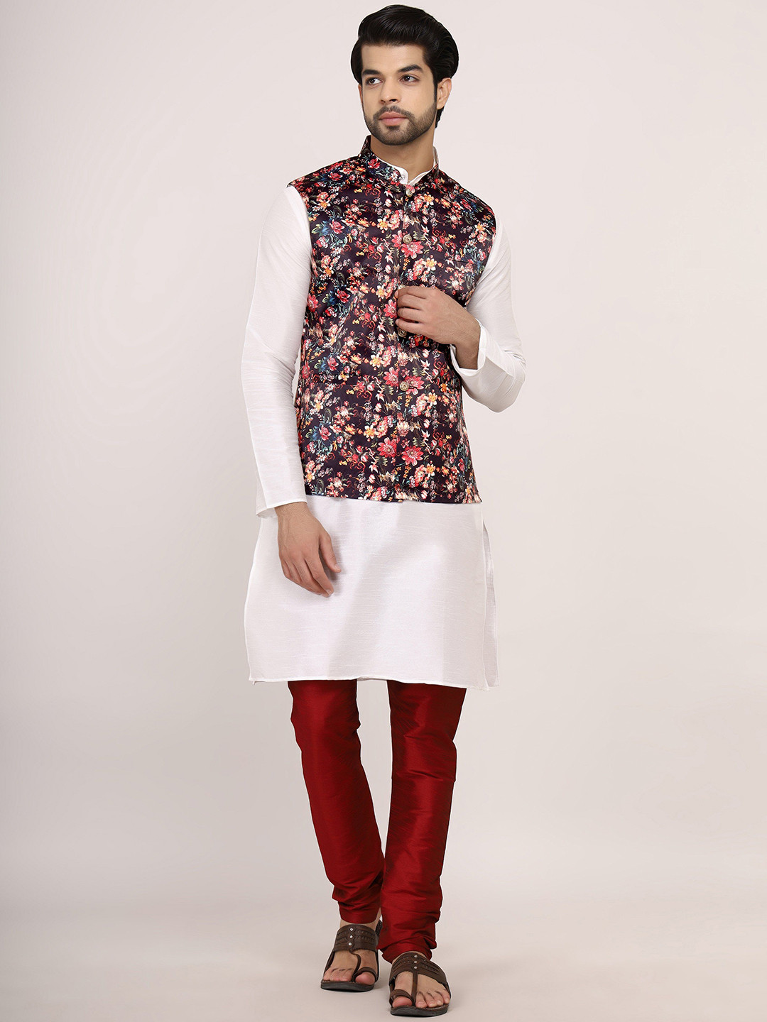 Sadree Mandarin Collar Dupion Silk Straight Kurta With Churidar
