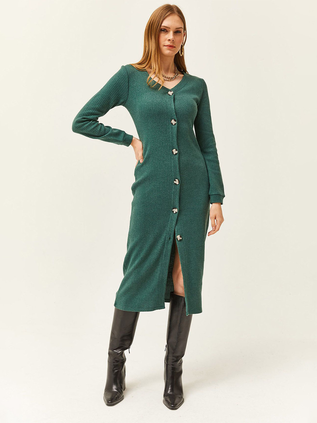 Olalook Button Detail Long Sleeve Midi Dress