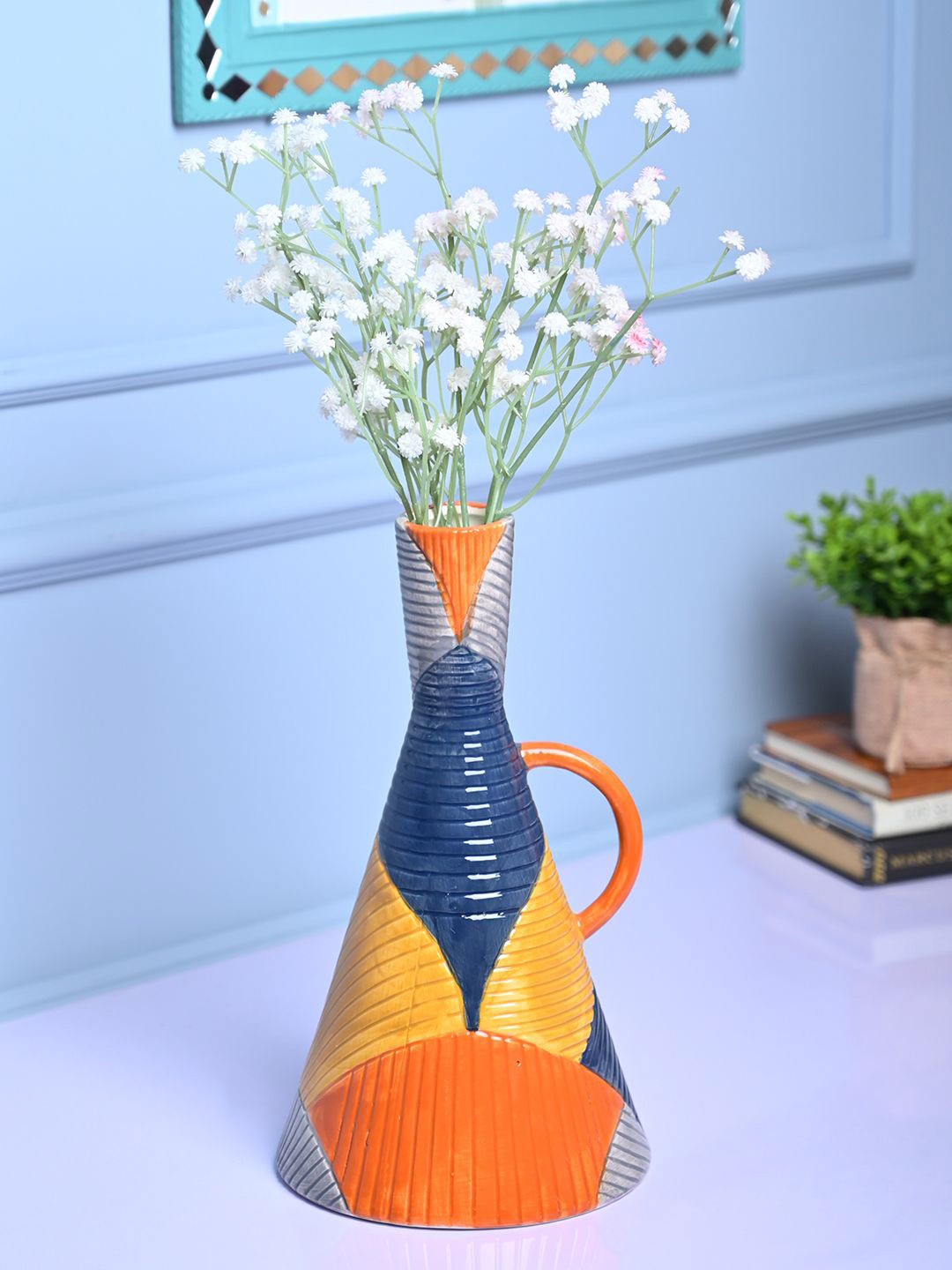 MARKET99 Navy Blue & Yellow Asymmetrical Shaped Ceramic Vase