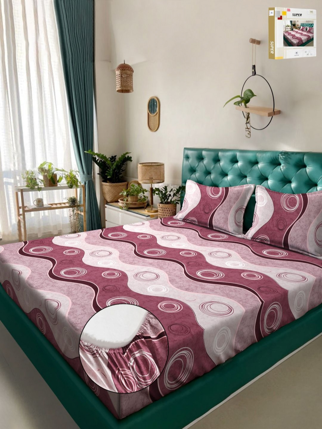 KLOTTHE Bookfold Purple Geometric Polycotton 300 TC Fitted King Bedsheet with 2 Pillow Covers-98 x 89 inches