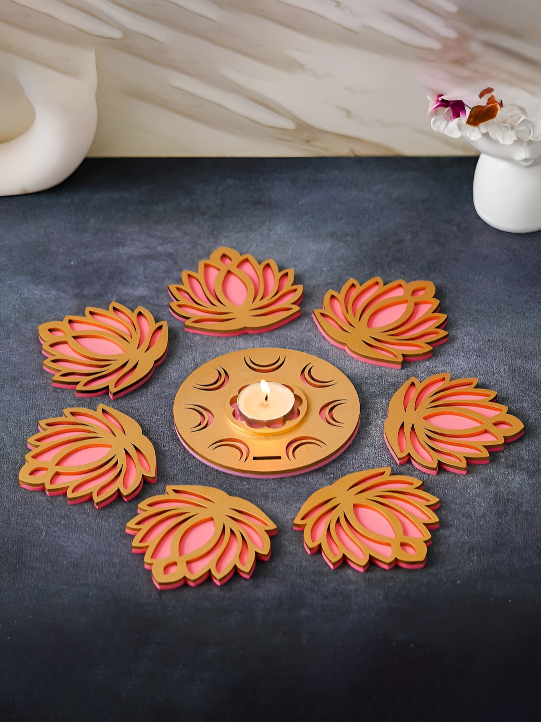 eCraftIndia Brown & Pink 8 Pieces MDF Wood Cut Out Lotus Flower Rangoli Festive Decor