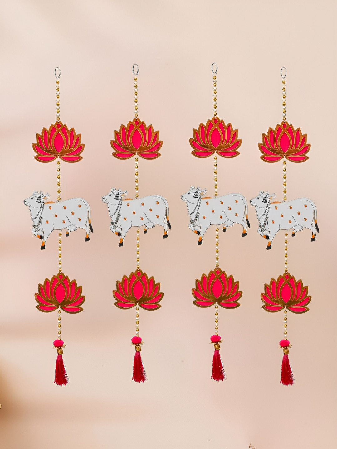 eCraftIndia Lotus, Cow, Beads, Tassel Decorative Hanging Wood 4Pcs Wall Hangings-5.1In