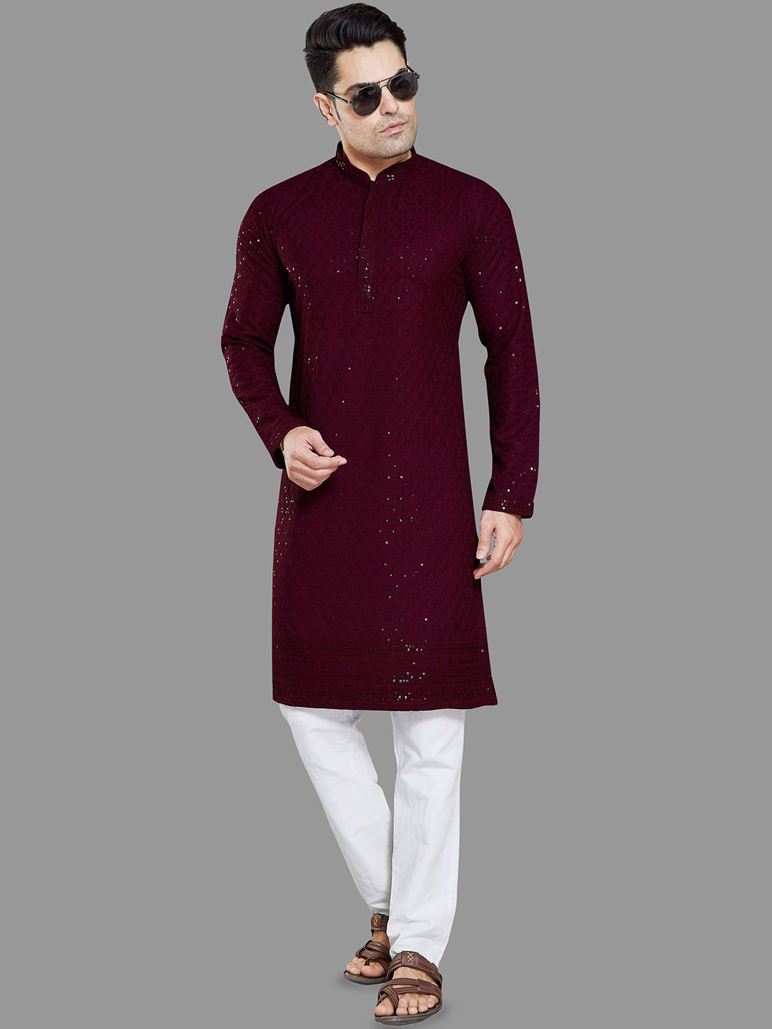DIVISIVE Floral Embroidered Sequinned Mandarin Collar Straight Kurta with Pyjamas