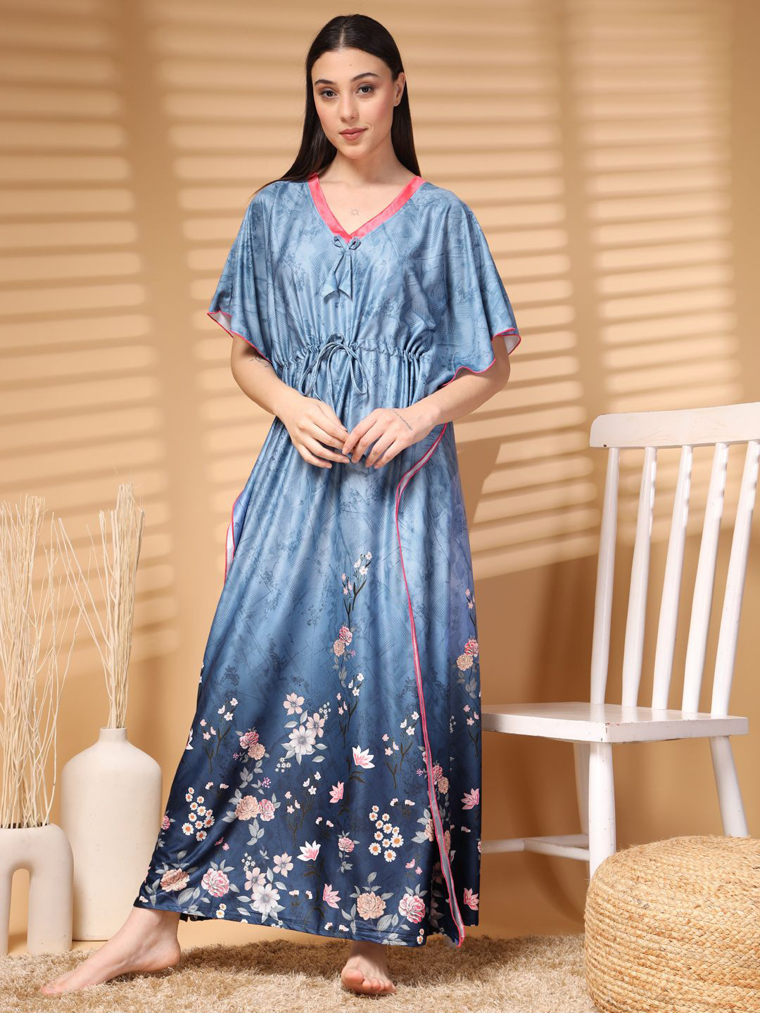 FABINALIV Women Blue & Pink Floral Graphic Printed V-Neck Kaftan Nightdress