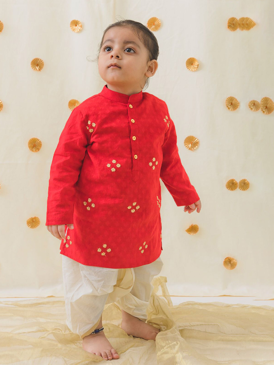 Tiber Taber Boys Floral Thread Work Pure Cotton Straight Kurta with Dhoti Pants