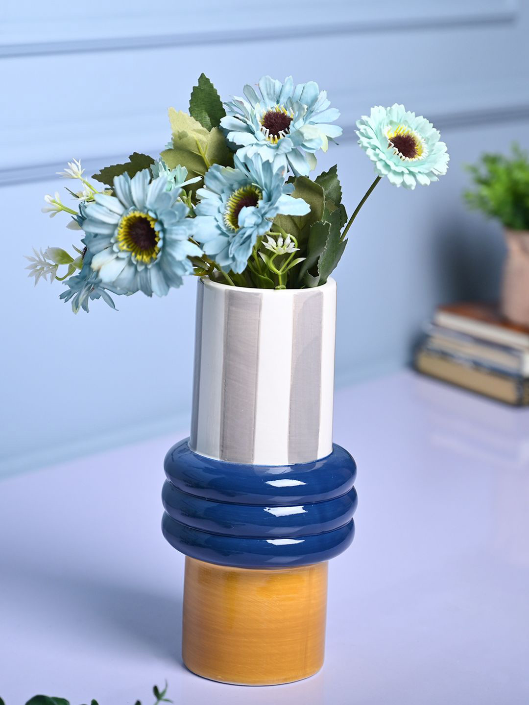 MARKET99 Blue & Mustard-Yellow Printed Ceramic Cylindrical Vase