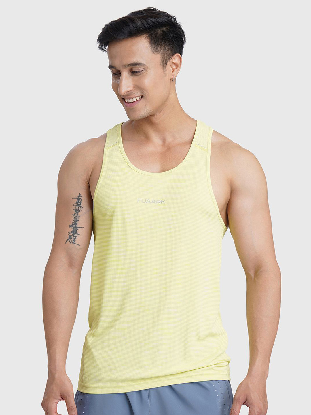 FUAARK Round Neck Innerwear Gym Vests Checks-R_Tank-Lime-S