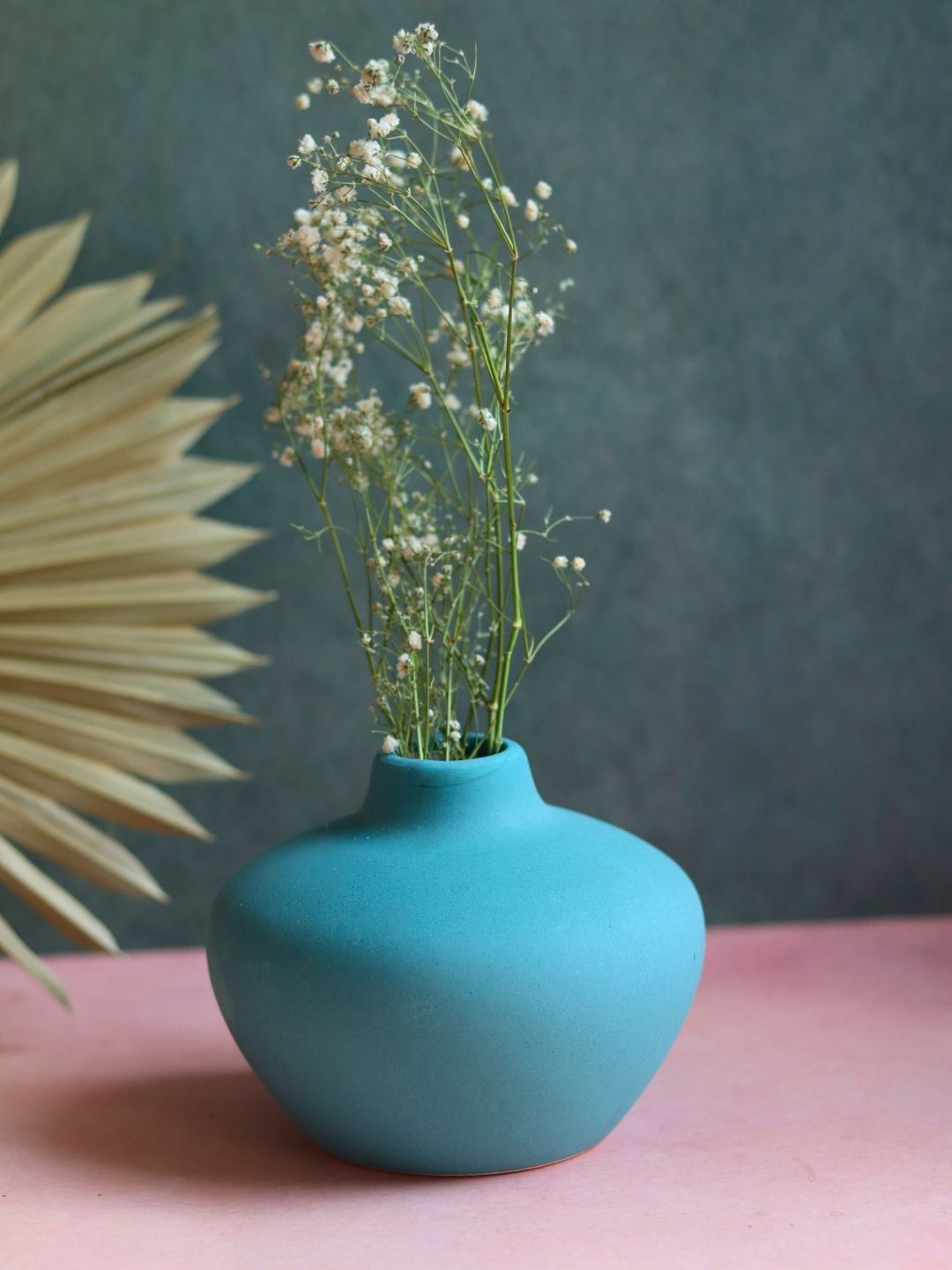 WEAVING HOMES Teal Green Round Shape Ceramic Flower Vase