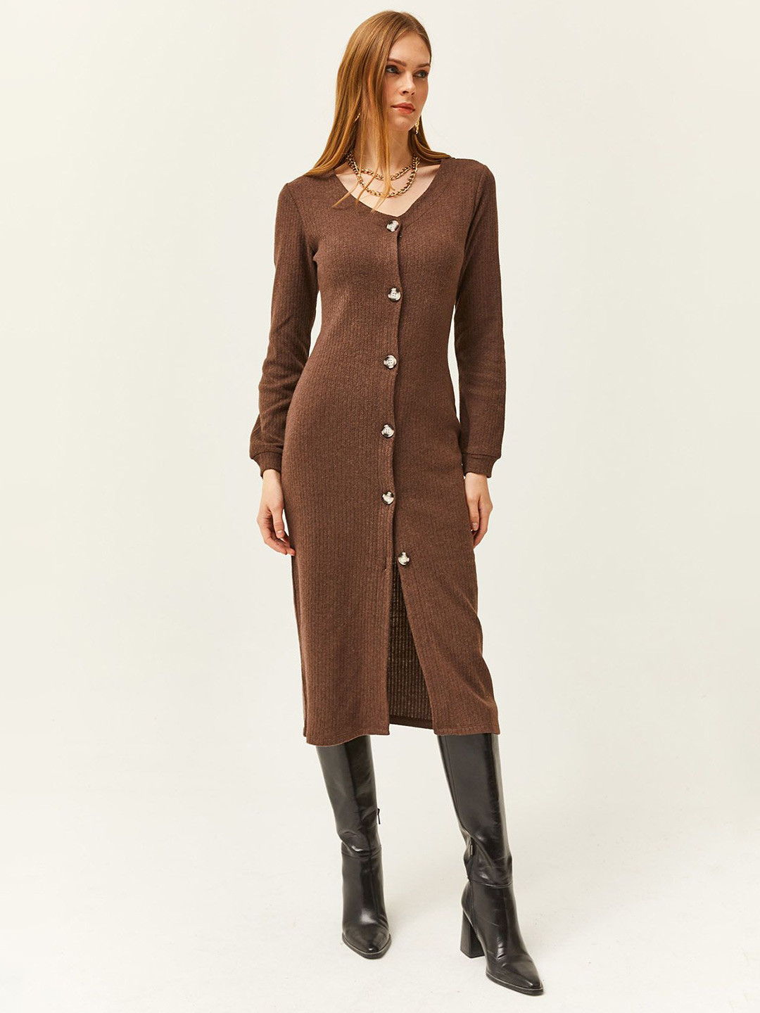 Olalook V-Neck Cotton Button Closure Sheath Dress