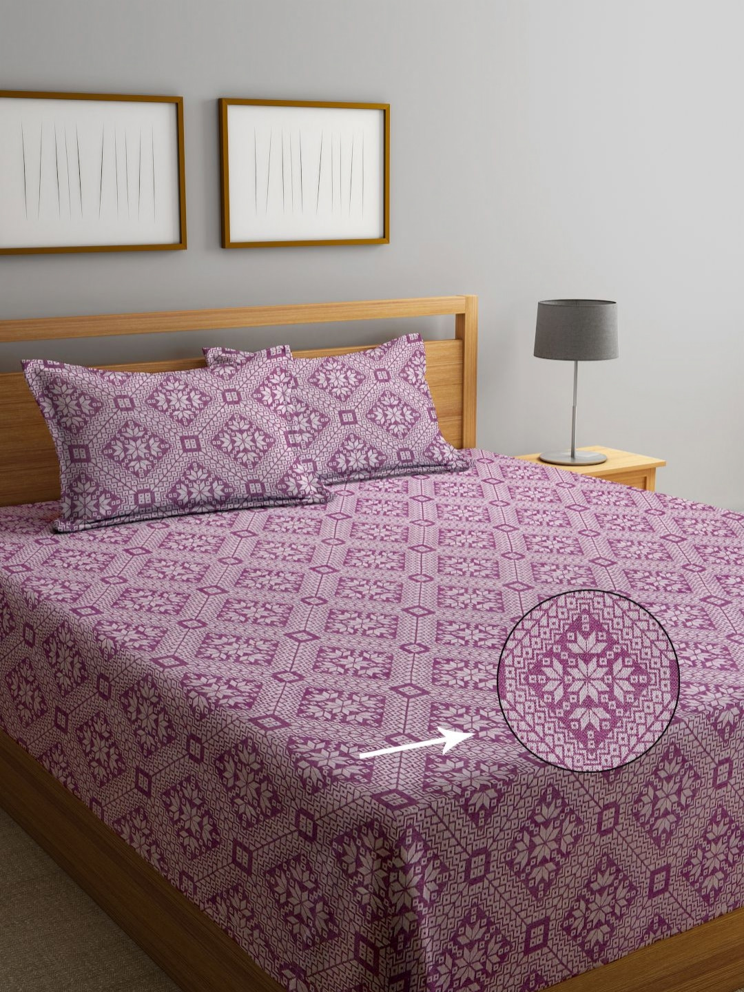 KLOTTHE Purple Floral Design Pure Cotton King Size Bedcover With 2 Pillow Covers
