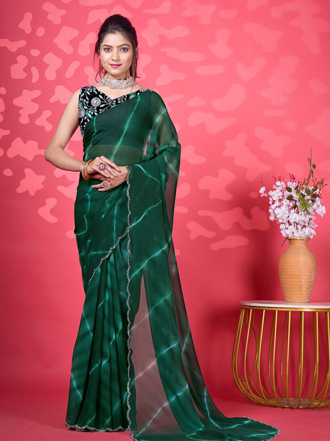 NIRMAL CREATION Leheriya Beads and Stones Art Silk Maheshwari Saree