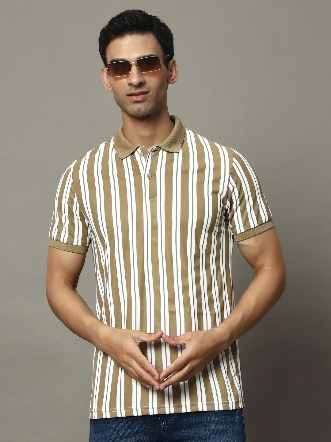 OGEN Men Striped Polo Collar Raw Edge T-shirt