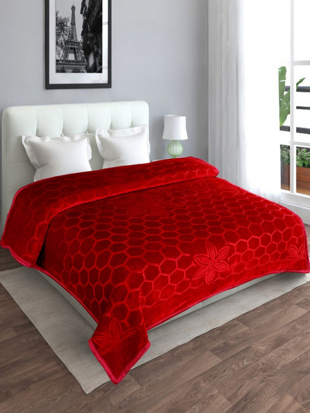 LA VERNE Maroon Geometric Mild Winter 400 GSM Double Bed Blanket