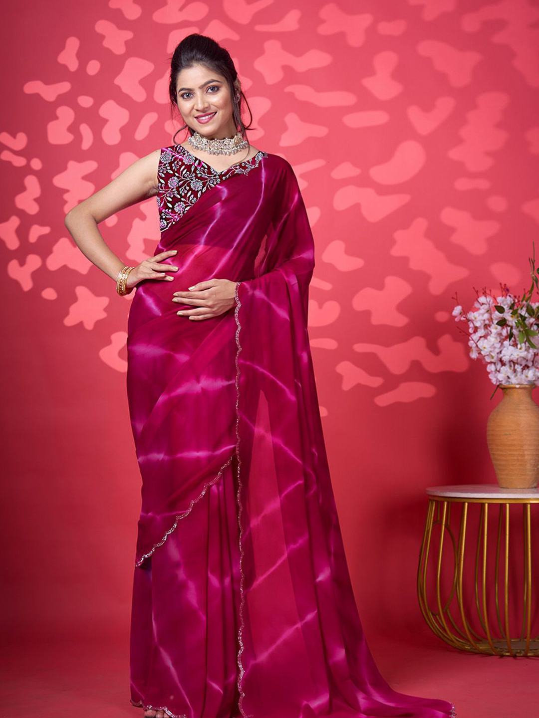 NIRMAL CREATION Tie and Dye Beads and Stones Art Silk Maheshwari Saree