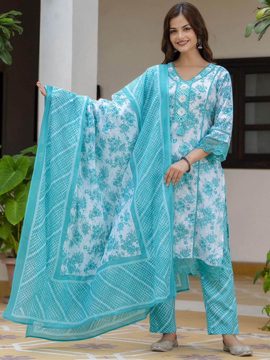 Anouk Turquoise Blue Floral Printed Thread Work Cotton Straight Kurta & Pyjama & Dupatta