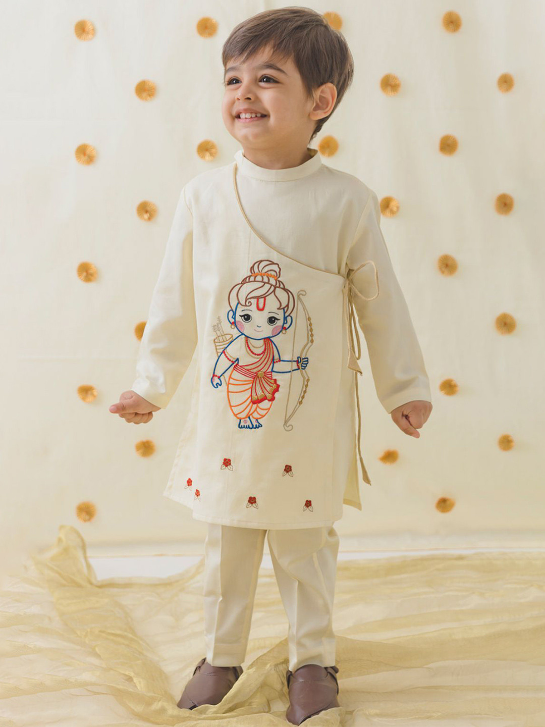 Tiber Taber Boys Ethnic Motifs Thread Work Pure Cotton Straight Kurta with Trousers