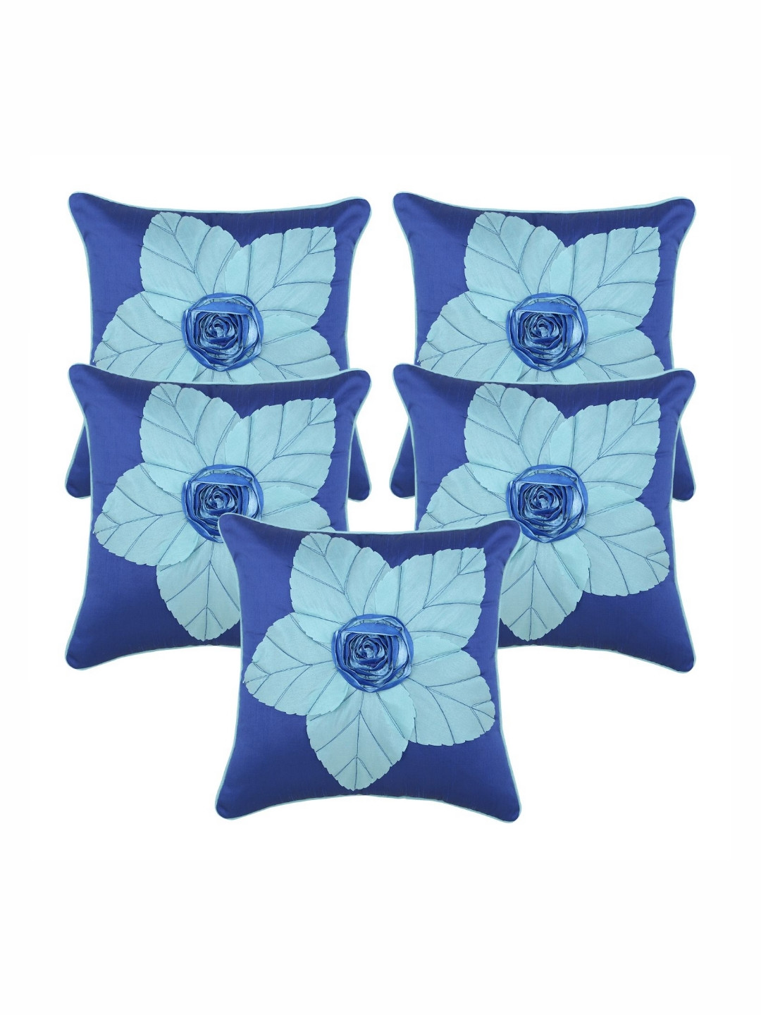 Creeva Blue Floral Silk Washable 5 Piece Square Cushion Covers - 16 x 16 Inches