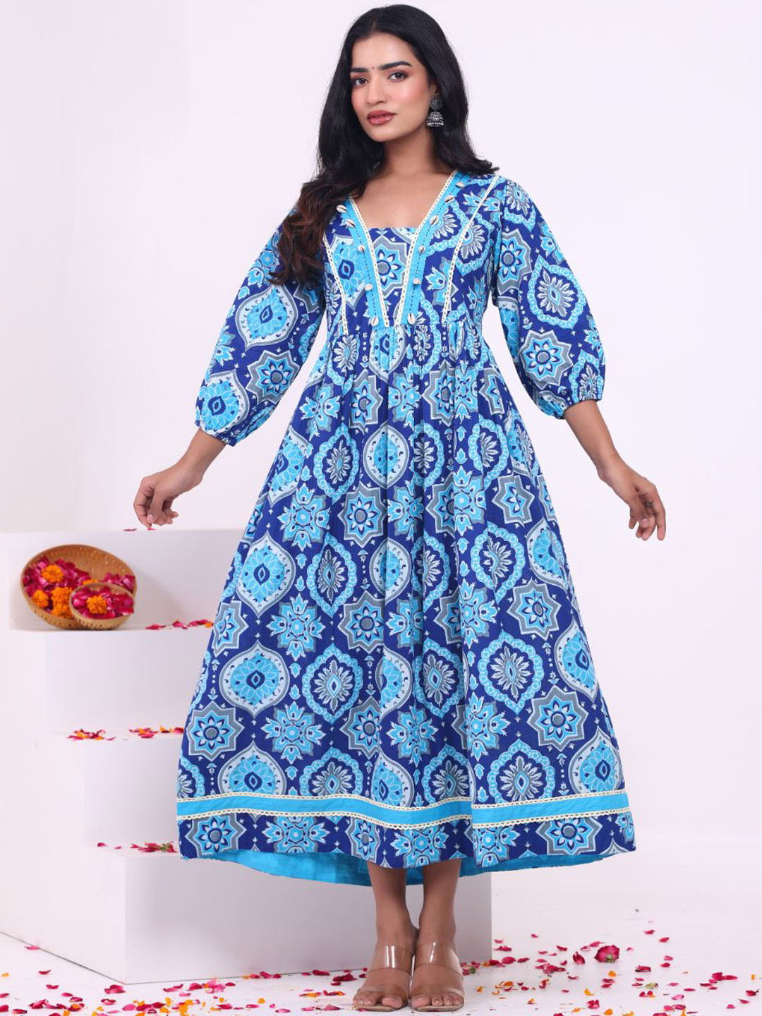 KALINI Floral Printed Square Neck Cuffed Sleeves Pure Cotton Anarkali Kurta