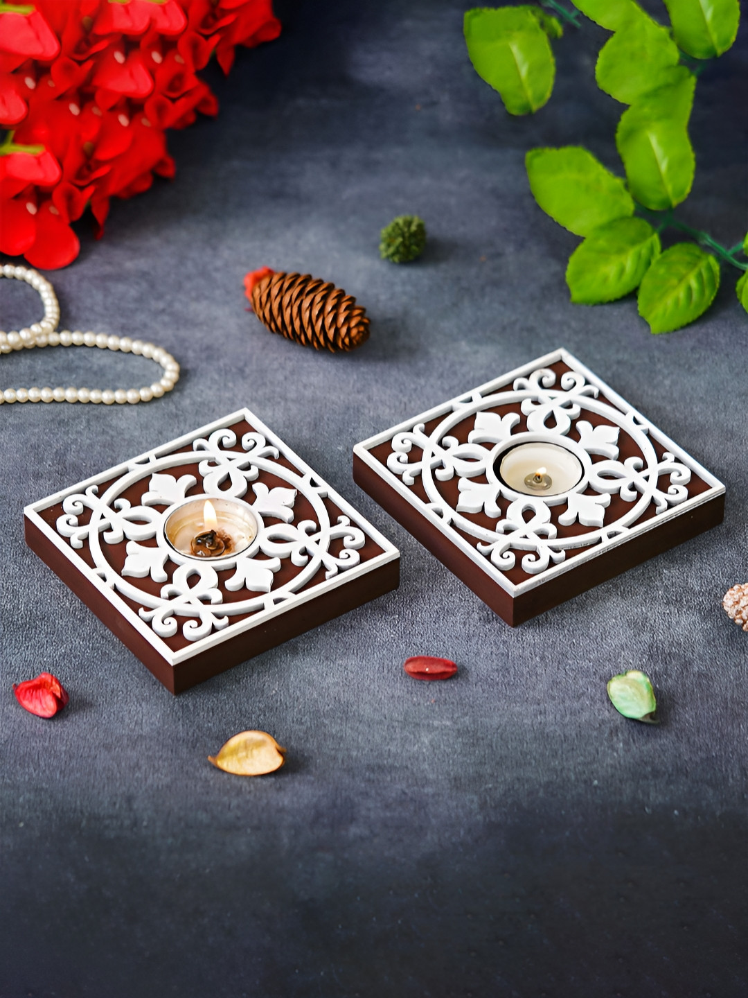 eCraftIndia Brown & White 2 Pieces Textured Wooden Decorative Tea Light Candle Holders