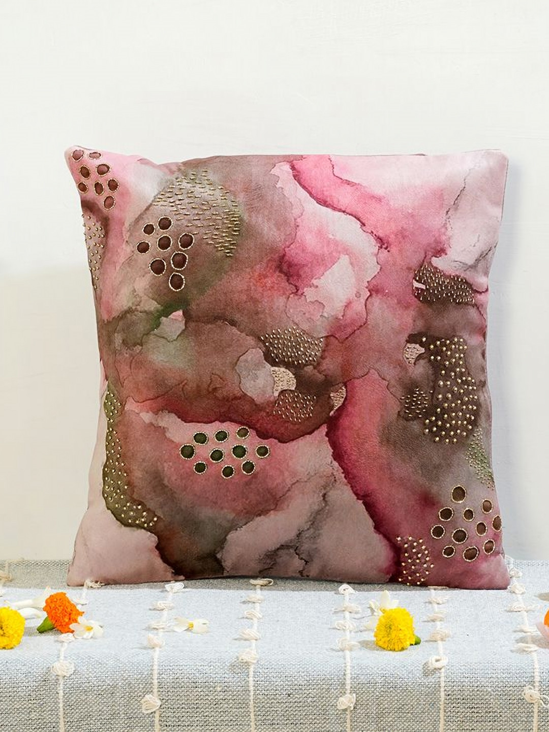Mid July Home The Painted Sky Pink Abstract Embellished Velvet Square Cushion Cover