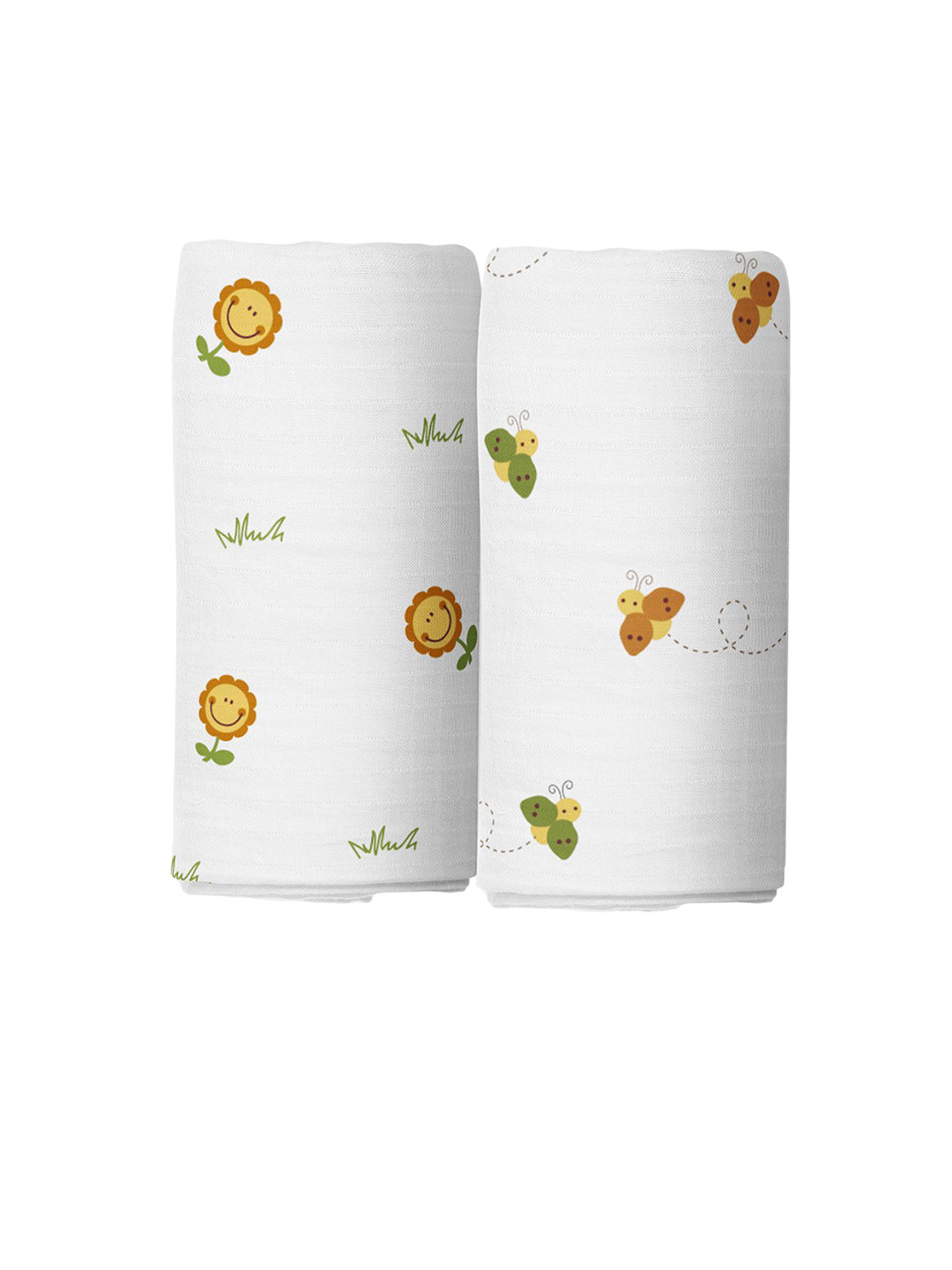 The White Cradle Set of 2 Sunflower & Honey Bee Printed Cotton Swaddles