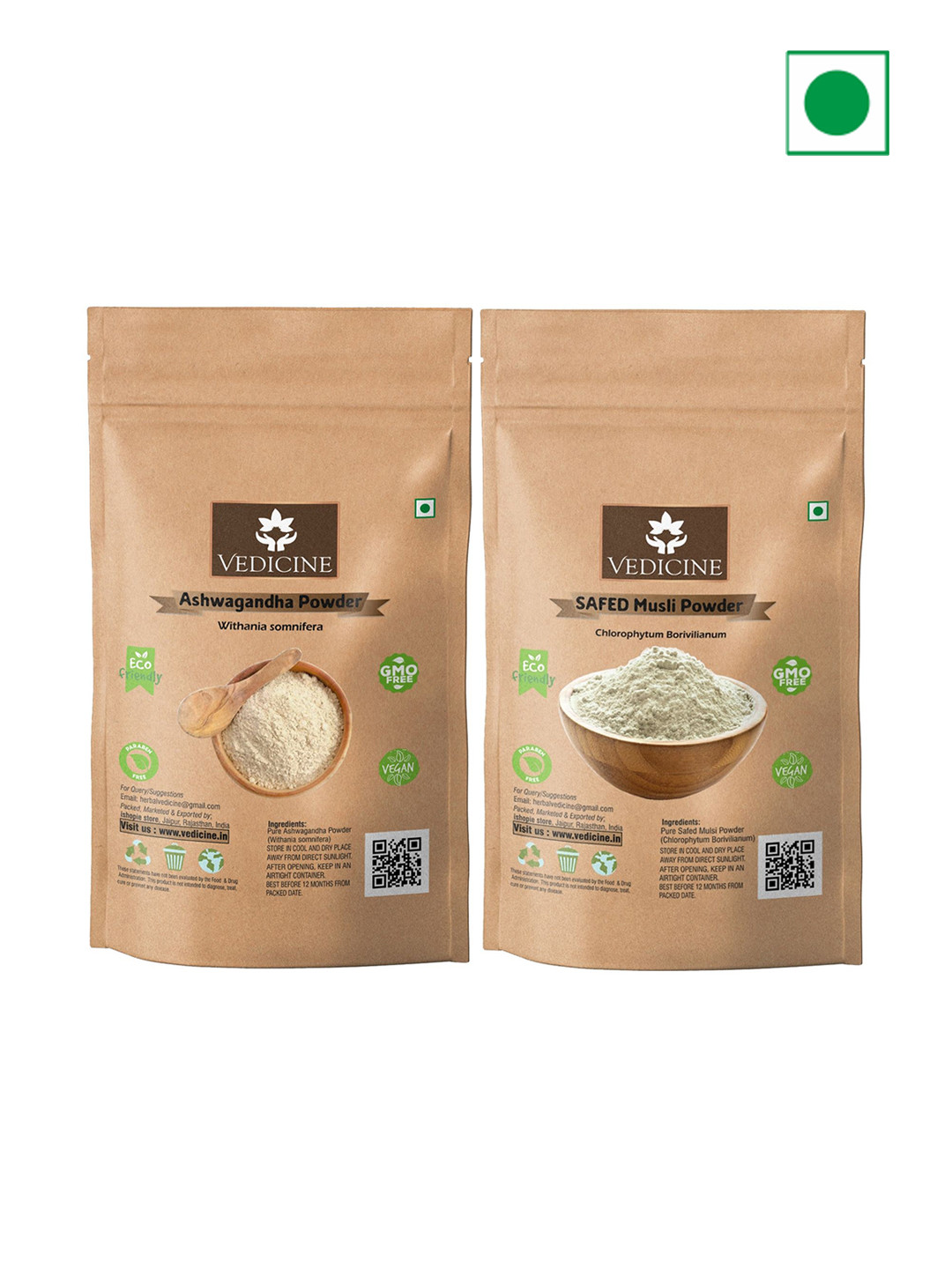 VEDICINE Set Of 2 Natural Safed Musli Powder & Ashwagandha Powder-75g Each