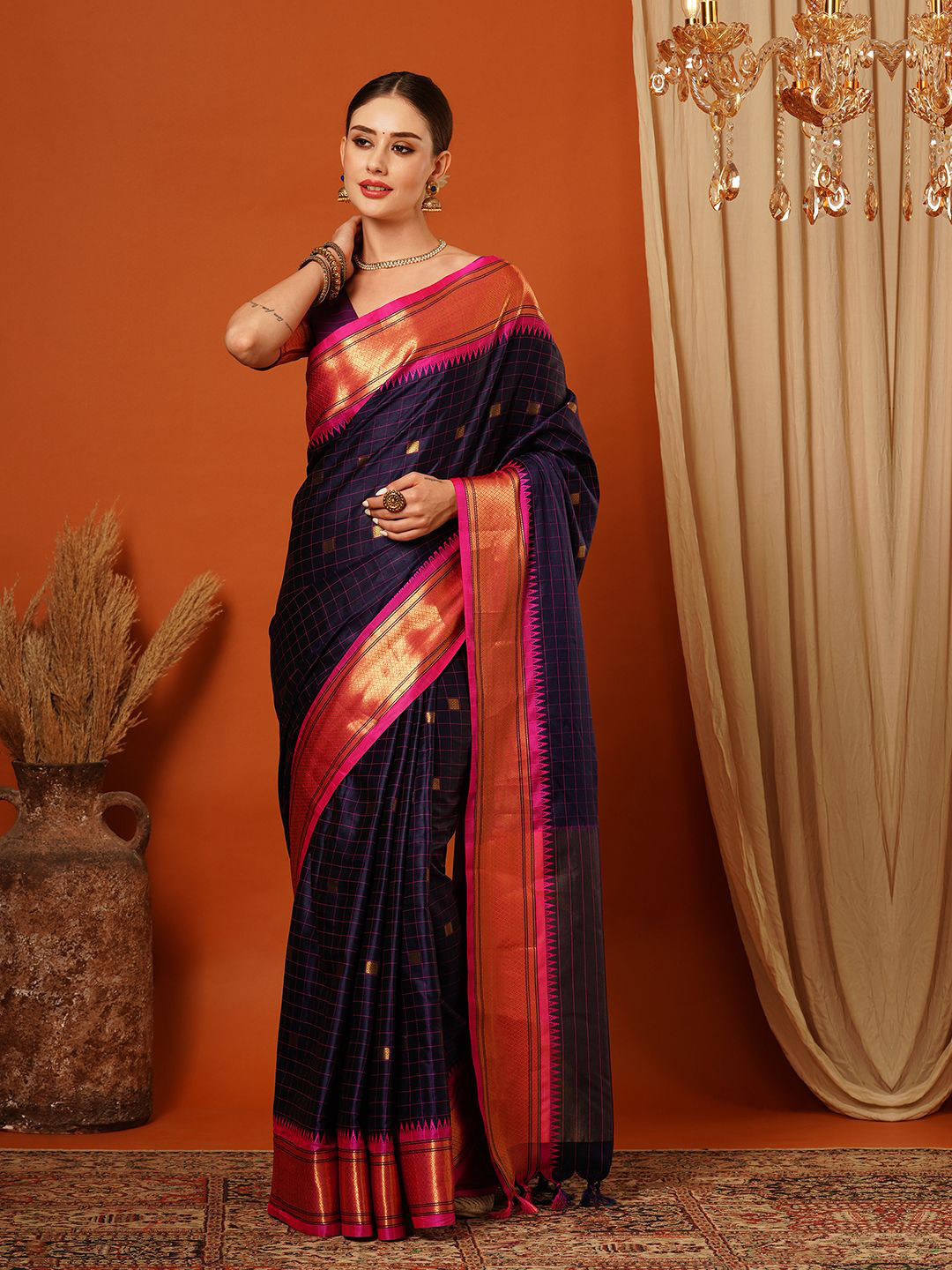 awesome Woven Design Checked Zari Banarasi Saree