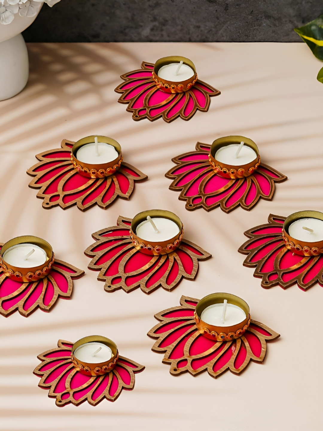 eCraftIndia Gold-Toned & Pink  8 Pieces Lotus Flower Decorative Tea Light Candle Holders