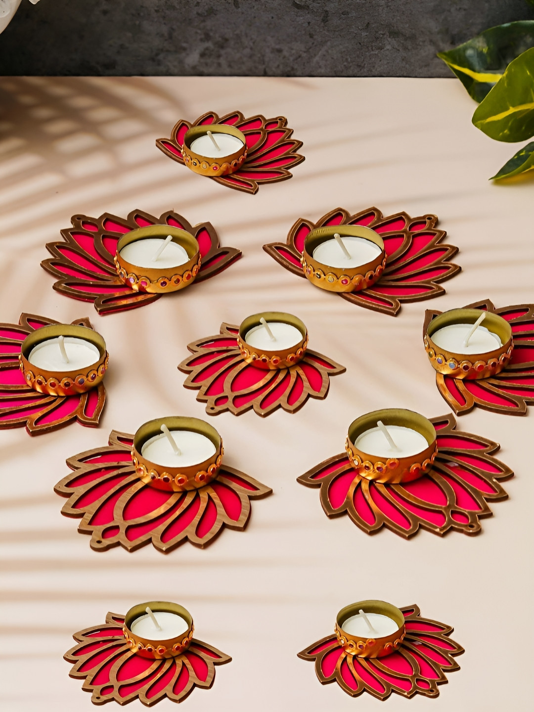 eCraftIndia Pink & Gold-Toned 10 Pieces Lotus Flower Wooden Tea Light Candle Holders