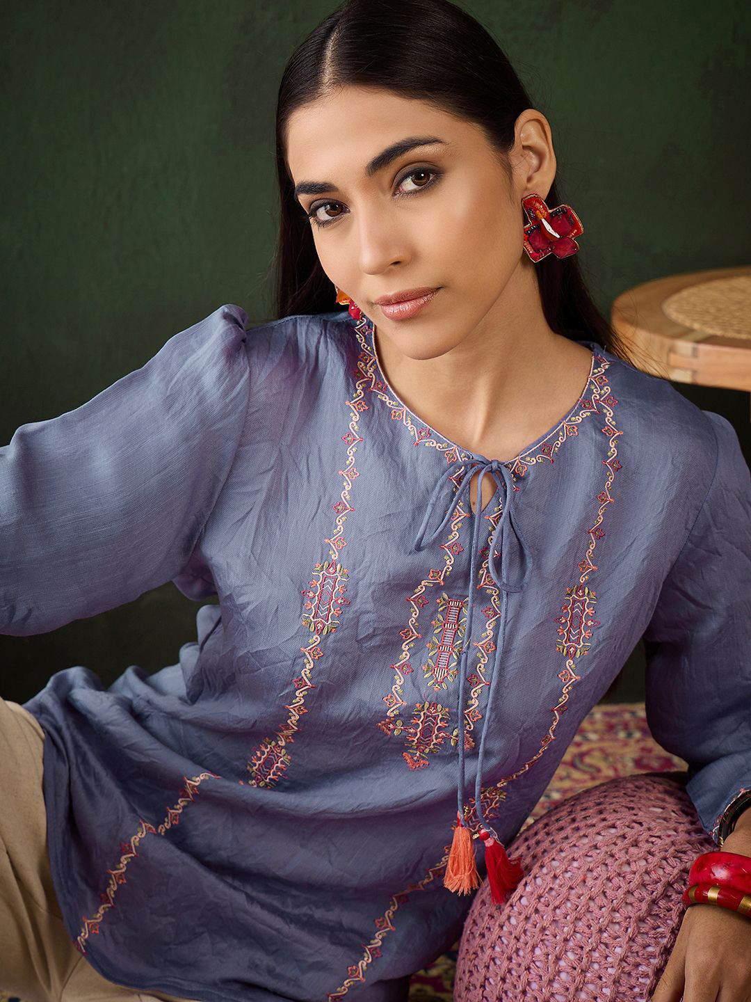 Sangria Embroidered A-Line Tops