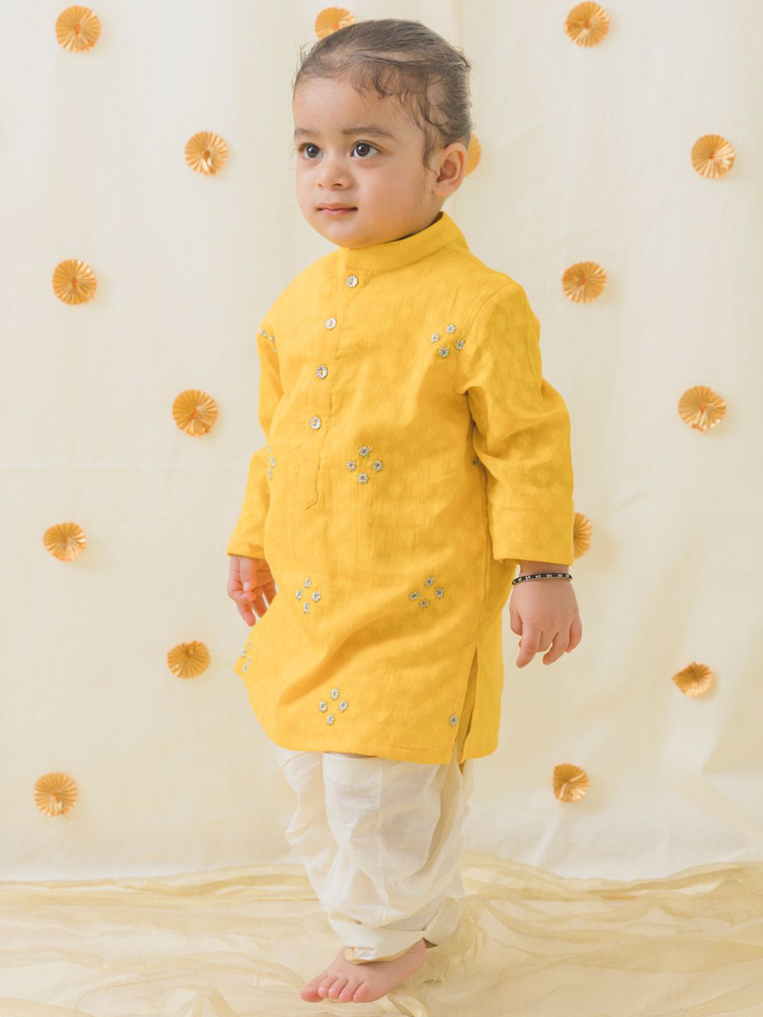 Tiber Taber Boys Floral Embroidered Zari Work Pure Cotton Straight Kurta With Dhoti Pant