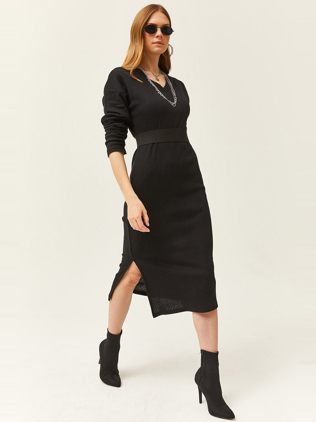 Olalook V-Neck Ribbed Midi Sheath Dress