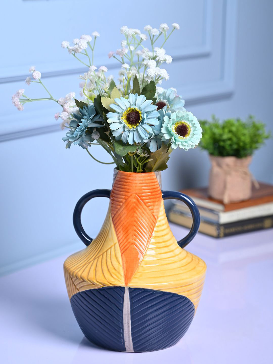MARKET99 Navy Blue & Orange Striped Cylindrical Shaped Ceramic Vase