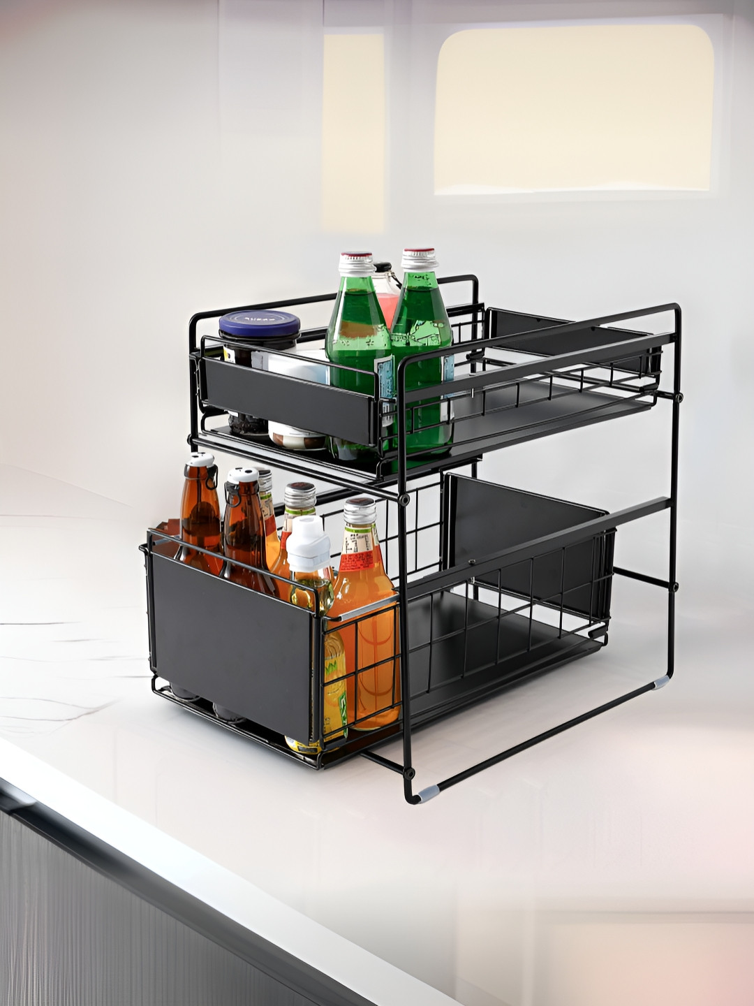 UMAI Black 2-Tier Under Sink Cabinet Multi-Utility Organizers With Sliding Storage Drawer