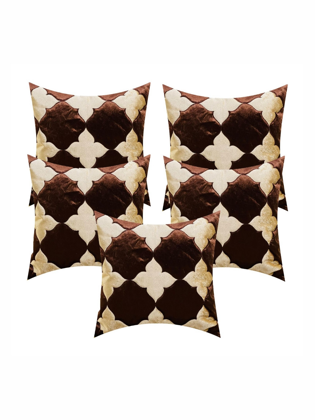 Creeva Brown & Off White 5 Pieces Ethnic Motifs Square Valvet Cushion Covers