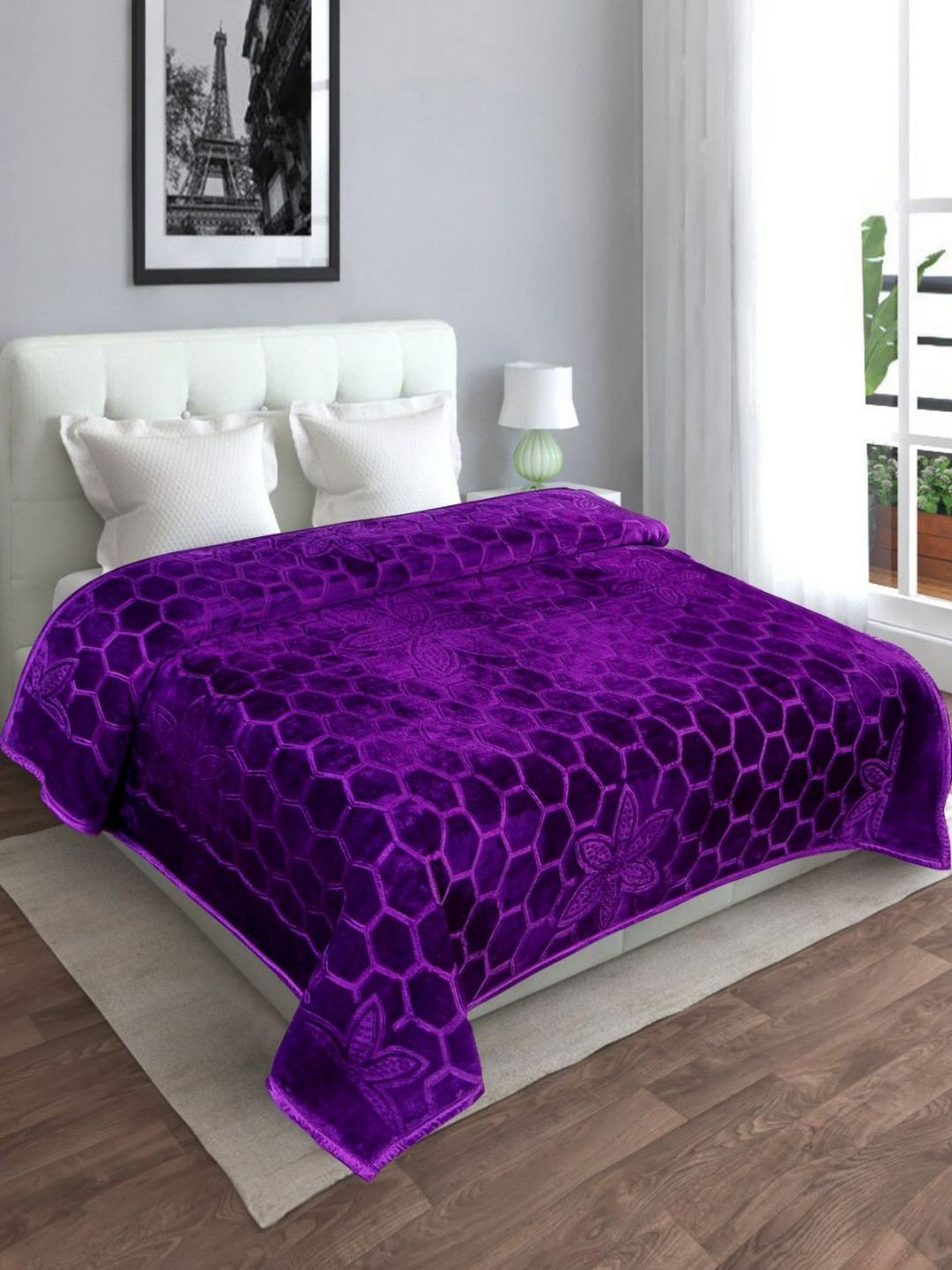 LA VERNE Purple Geometric Mink Mild Winter 400 GSM Double Bed Blanket
