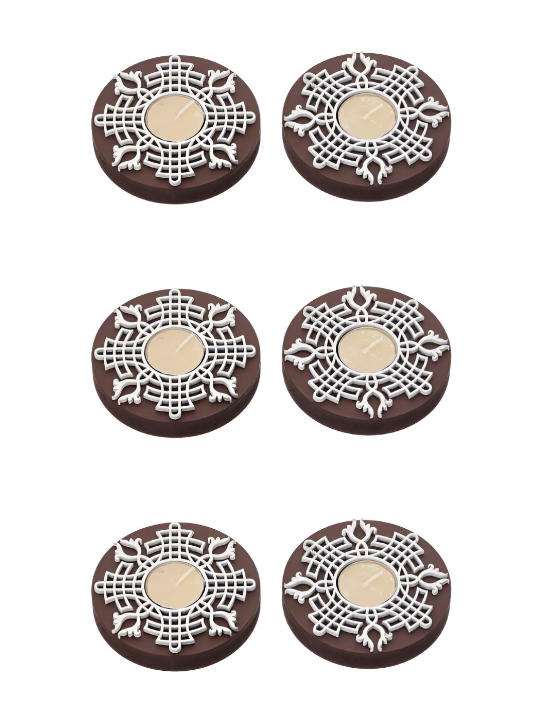 eCraftIndia 6 Pieces Brown & White 6 Pieces Textured Wooden Round Tea Light Candle Holders