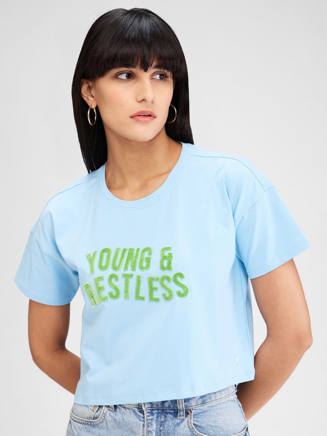 SPYKAR Women Typography Raw Edge Boxy T-shirt