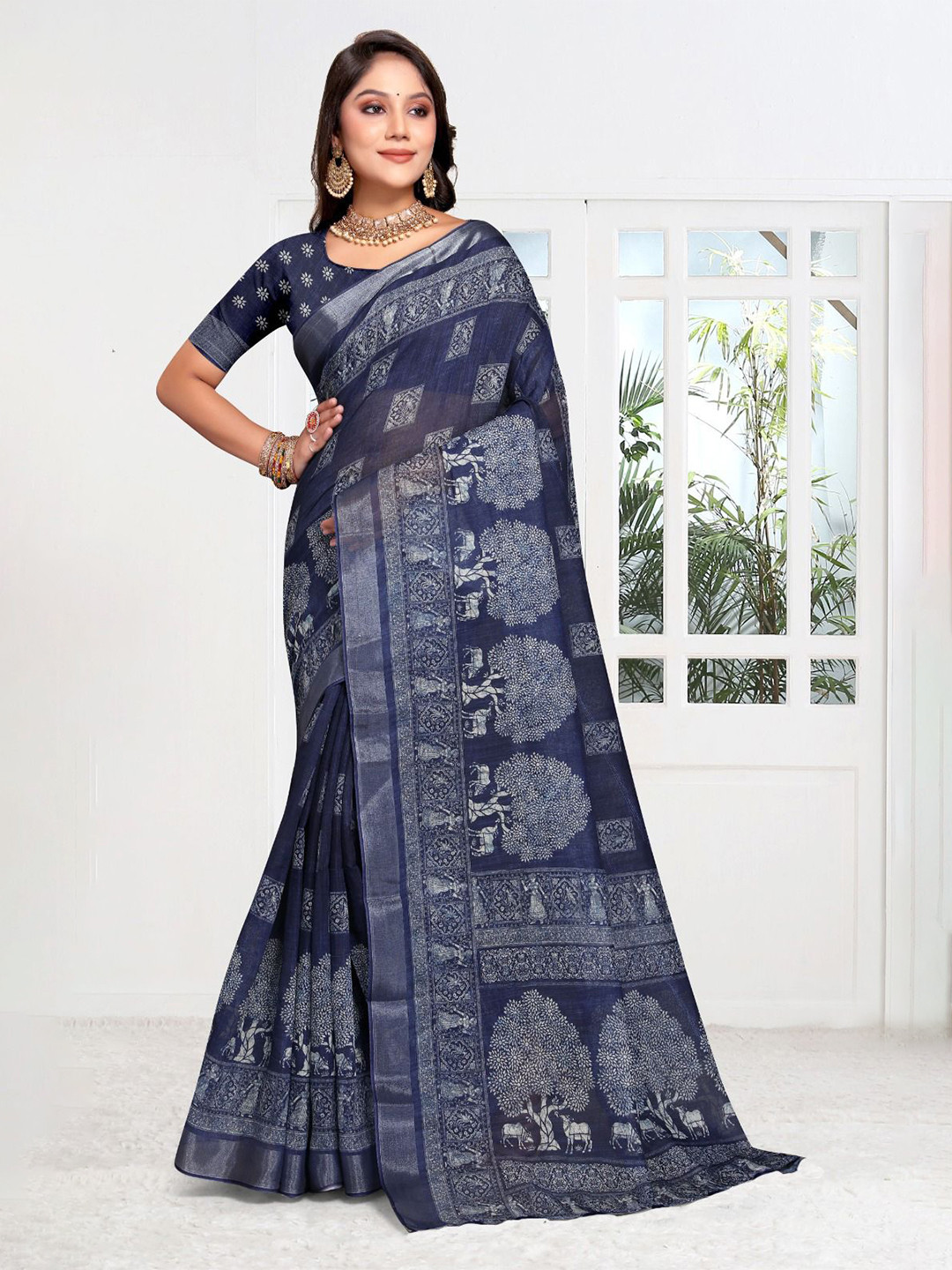 Fevinaa Ajrak Block Zari Linen Blend Block Print Saree