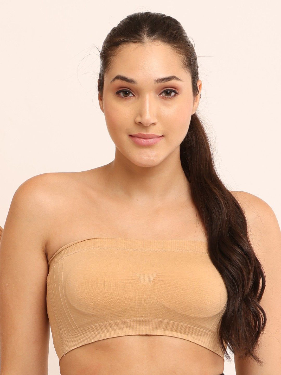 Poftik Free Stretchable Beige Seamless Full Coverage Lightly Padded Non-Wired Bandeau Bra