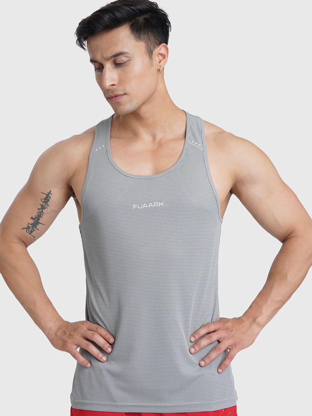 FUAARK Checked Scoop Neck Innerwear Gym Vests Checks-R_Tank-U_Grey-S