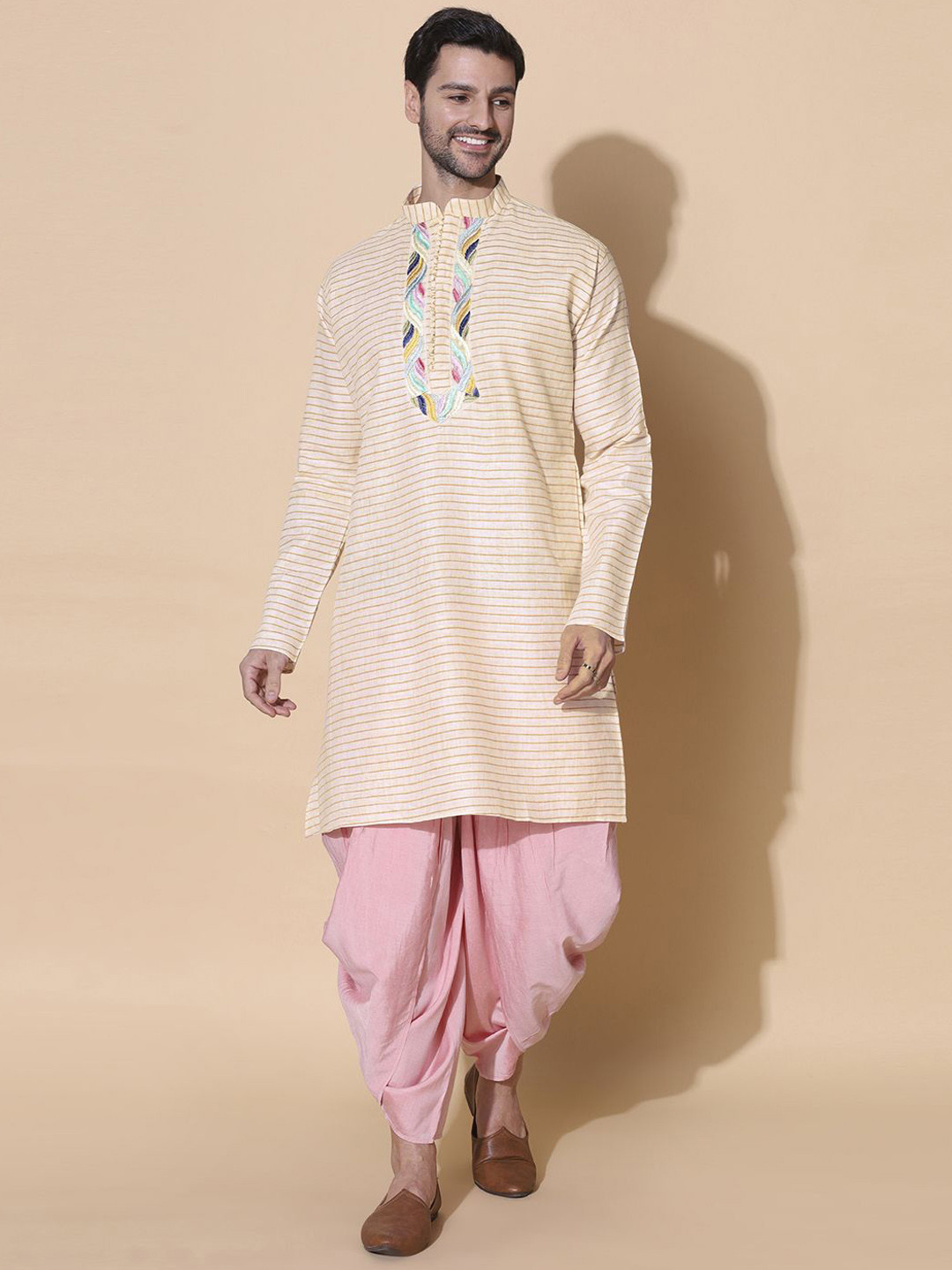 MOSHI Striped Mandarin Collar Cotton Silk Straight Kurta