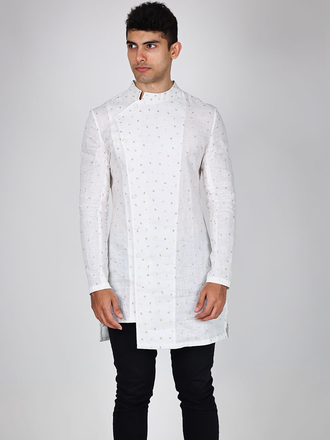 Arya Giri Floral Embroidered Mandarin Collar Thread Work Cotton assymmetric Straight Kurta