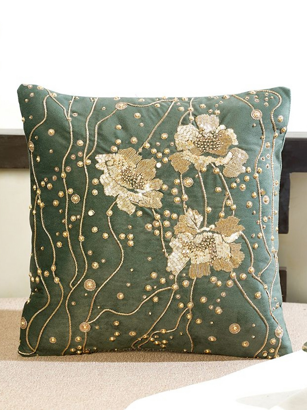 Mid July Home Gilded Garden Green Floral Embellished Velvet Square Cushion Cover