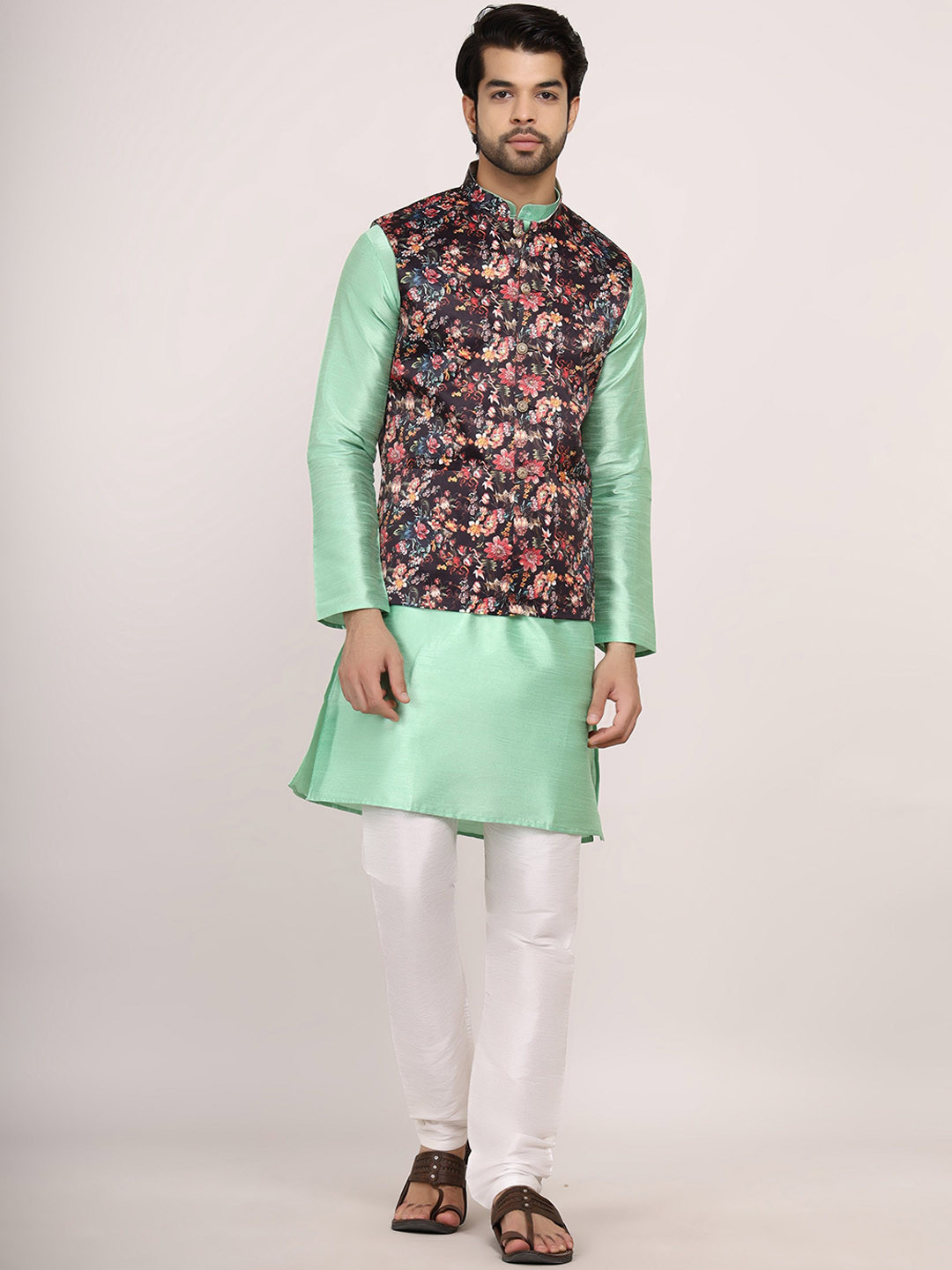 Sadree Mandarin Collar Dupion Silk Straight Kurta With Churidar