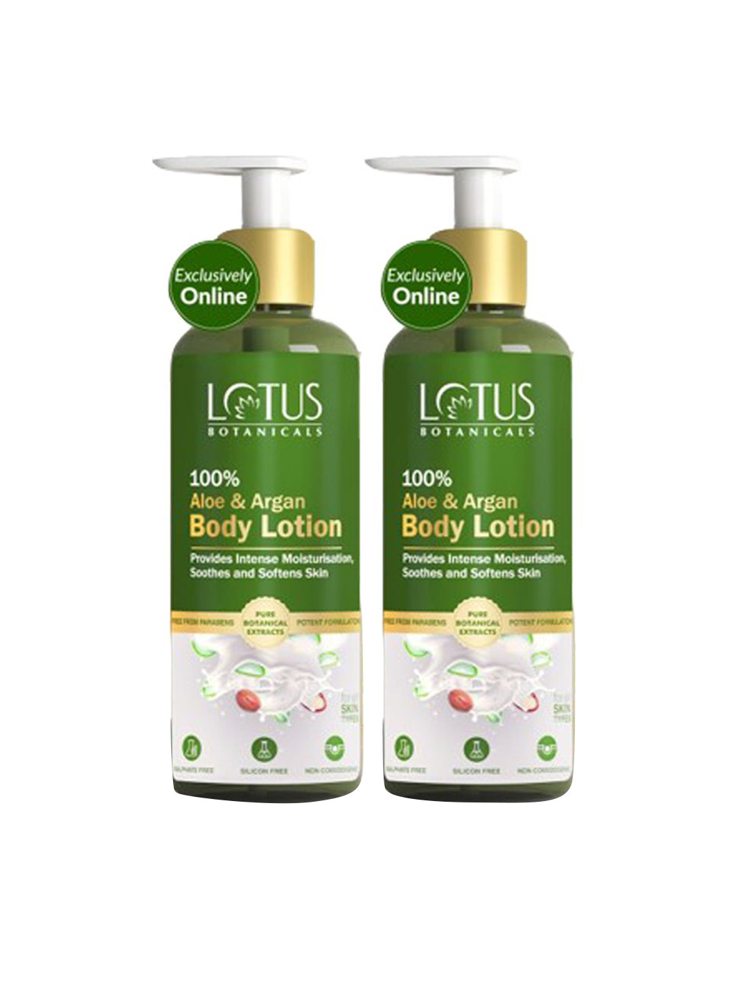 Lotus Organics+ Set Of 2 100% Aloe & Argan Body Lotion-280ml Each
