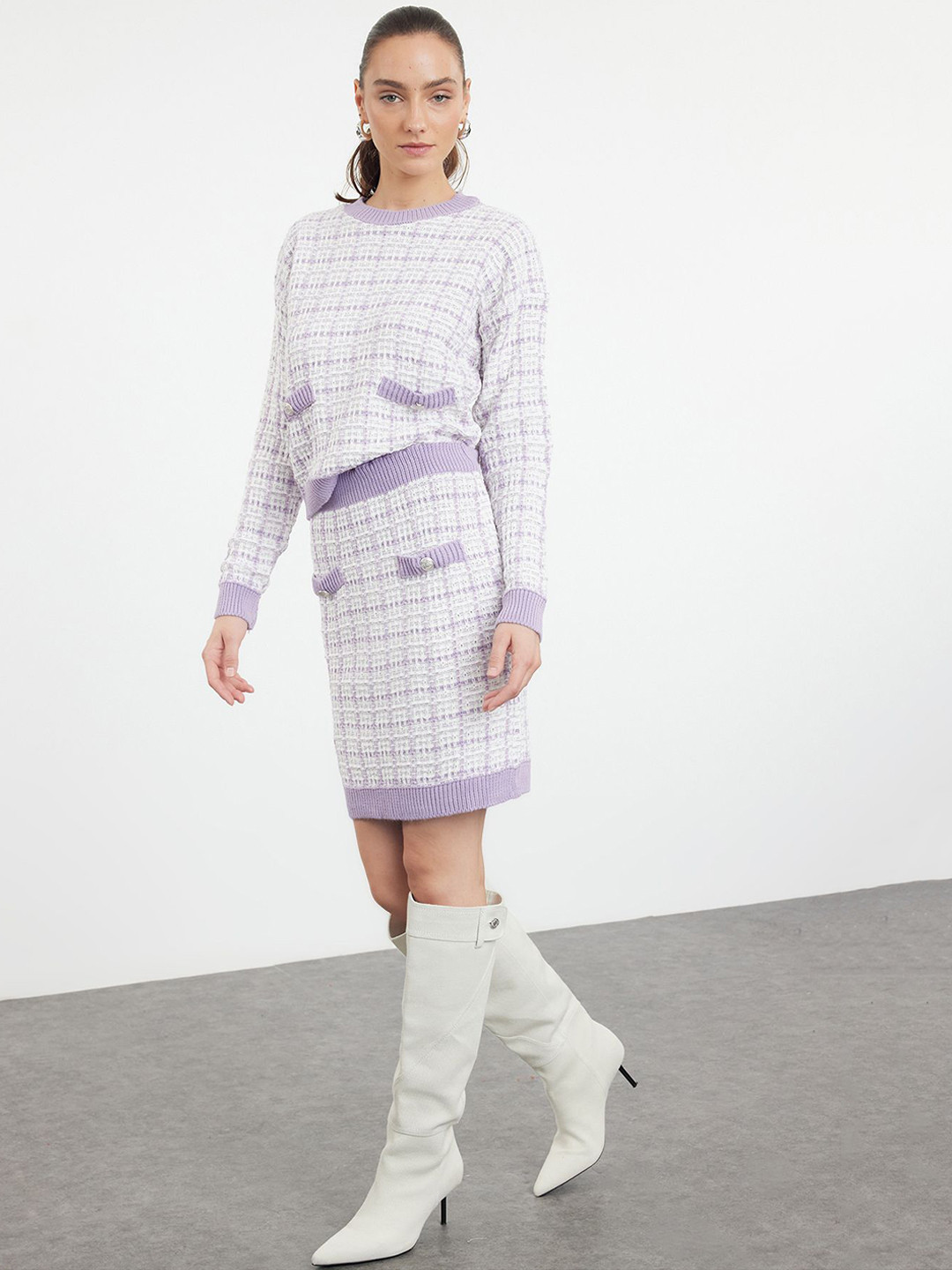 Trendyol Checked Round Neck Sweater With Skirt