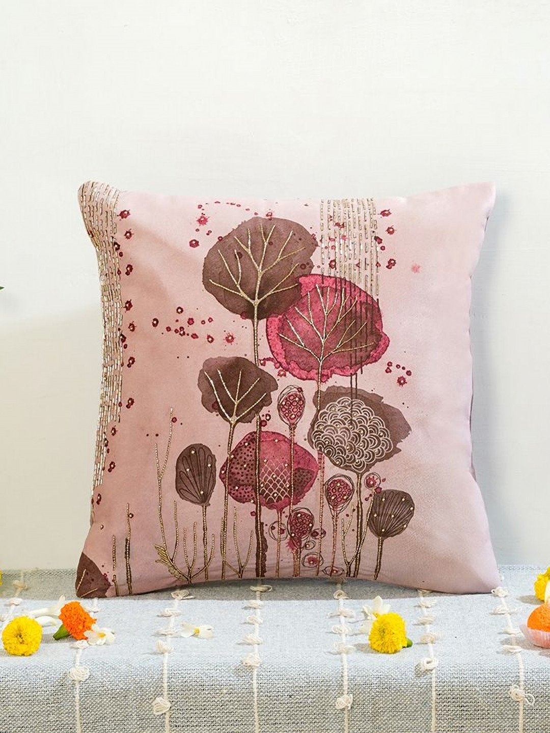Mid July Home Pink Floral Velvet Durable Zari Square Cushion Cover - 15.7 x 15.7 Inches