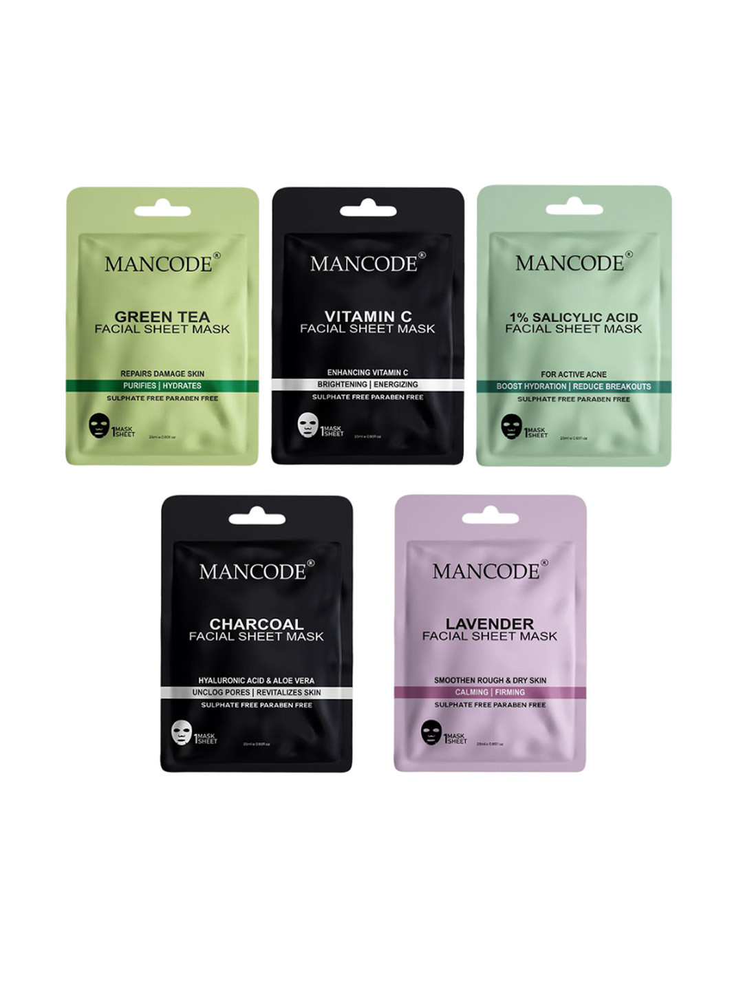 MANCODE Set Of 5 Facial Sheet Mask- 25 ml Each