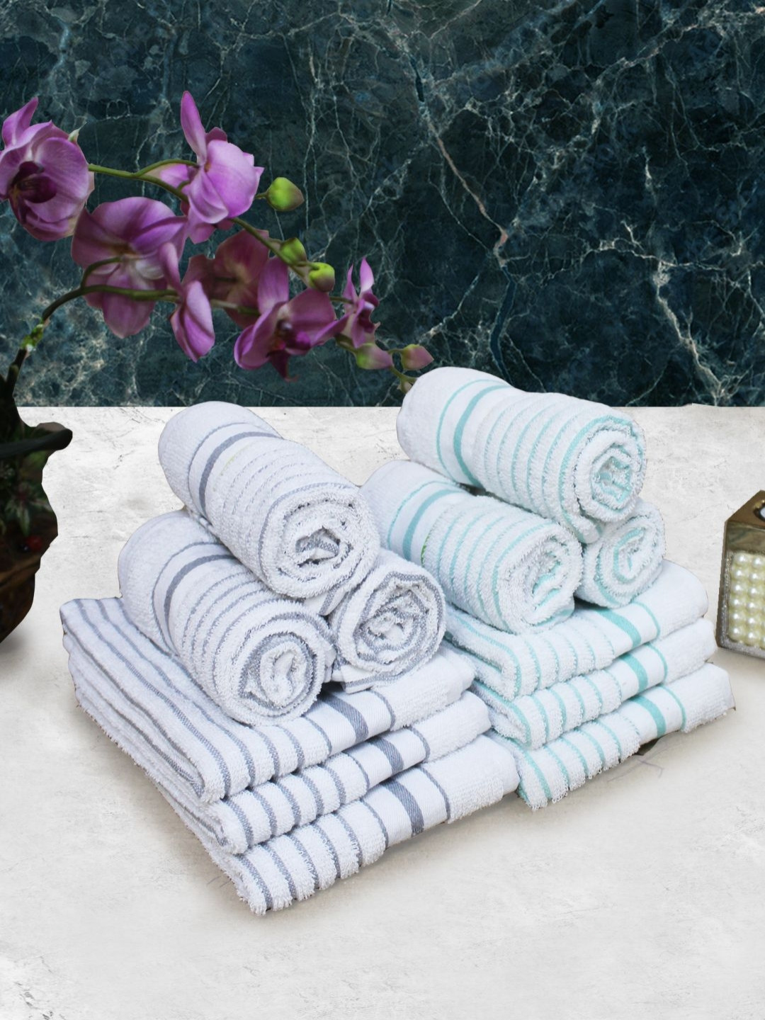 Aura 12Pcs White & Blue Striped Pure Cotton 150 GSM Hand Towels